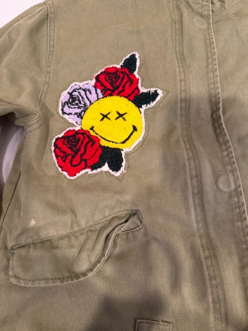 Zara Olive Green Patchwork Jean Jacket with Red & Yellow Accents - Picture 5 of 10